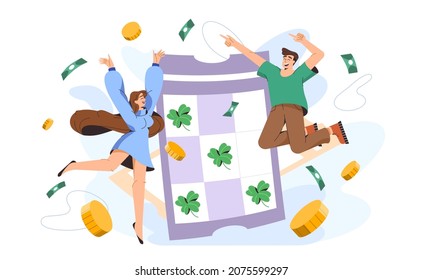 Lucky couple win lottery. Happy winners rejoice huge money prize of gambling game. Vector flat illustration of man and woman jumping with happiness near winning ticket.