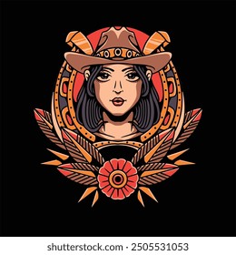 lucky cowgirl tattoo vector design