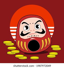 Lucky Daruma doll Japanese lucky charm cute cartoon vector illustration doodle style.