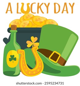 A lucky day - happy st. Patrick’s day - gold coins, horseshoe, green beer mug, shamrock, rainbow, leprechaun, cauldron, beer bottle - lucky vector graphics