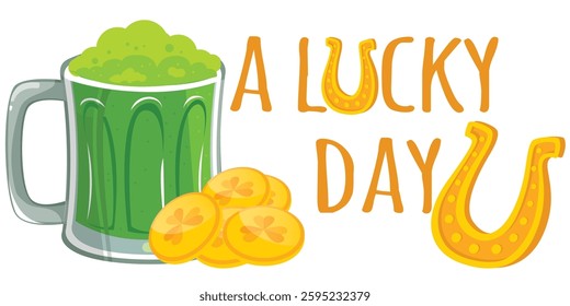 A lucky day - Happy St. Patrick's Day - gold coins, horseshoe, shamrock, leprechaun, cauldron, beer bottle - lucky vector graphics	

