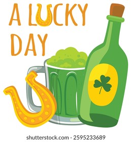 A lucky day - Happy St. Patrick's Day -, horseshoe, green beer mug, shamrock, rainbow, leprechaun, cauldron, beer bottle - lucky vector graphics

