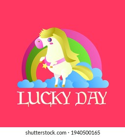 lucky day label with unicorn icon, vector design