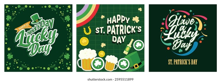 Lucky Day with leprechaun hat.Clover leaves, beer mugs, leprechaun hats, and gold coins. Happy St Patrick's Day. St Patrick's Day background concept. Set flat vector illustration.