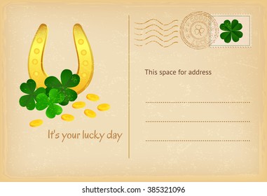 Lucky day -Saint Patrick's Day horseshoe, coins and clover vintage postcard. Vector illustration.