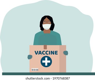 The lucky doctor received a package of vaccine against the virus. A medical professional and a medicine for vaccination. Antivirus program. Vector illustration.