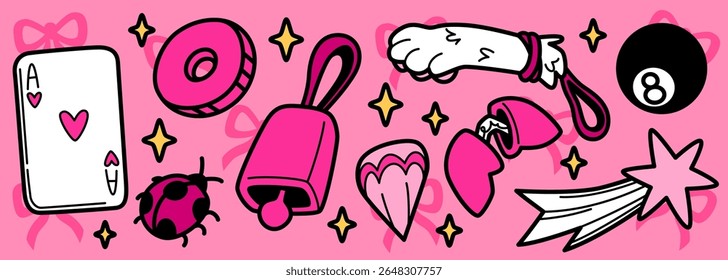 Lucky doodle symbols on pink background with bows - ace card, coin and bell, ladybug, fortune cookie and rabbit foot. Good luck charms collection with sparkle stars for kawaii magical designs.