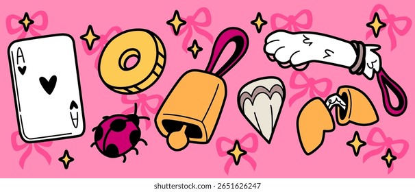 Sorte doodle símbolos no fundo rosa com arcos - cartão de ás, moeda de ouro e sino, joaninha, biscoito da sorte e pé de coelho. Boa sorte encantos coleção com estrelas cintilantes para kawaii desenhos mágicos.