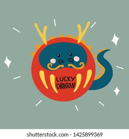 Lucky Dragon Daruma (Japanese lucky charm) cute cartoon vector illustration doodle style