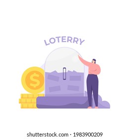 lucky draw concept. illustration of a woman putting a lottery paper into the lottery box to get a prize money. lottery machine. mysterious gifts and surprises. gambling. flat cardboard style. vector