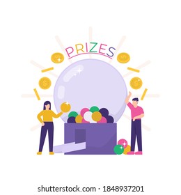 lucky draw event concept. illustration of a team or men and women trying to enter a sweepstakes to get prize money. lottery machine. mysterious and surprise gifts. flat style. design elements.