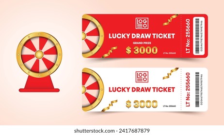 Billete de sorteo con spinner y texto dorado en colores rojo y blanco