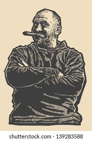 Lucky dude. Happy man smiling with a cigar in his mouth. engraving style. vector illustration