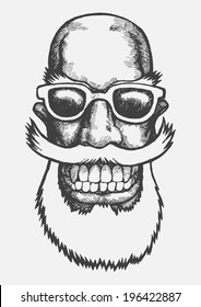 Lucky dude with mustaches, beard and sun glasses. engraving style. vector illustration 