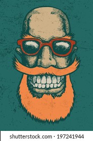 Lucky dude with mustaches, beard and sun glasses. engraving style. vector illustration 