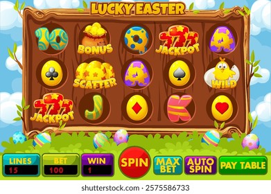 Lucky Easter Slot UI with set of slot symbols. UI game slot machine with buttons and symbols on the theme of Easter Day