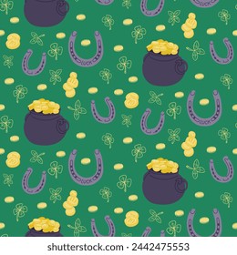 Lucky elements green seamless pattern. Flat hand drawn pot with coins, horseshoe and clover with four leaves. St Patricks day traditional concept. Unique print design for textile, wallpaper, wrapping