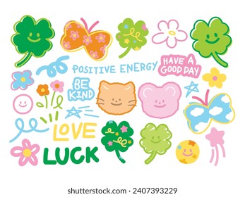 Lucky elements including clover leaf, happy cartoon characters, pastel flowers and positive energy for sticker, fabric print, social media post, ads