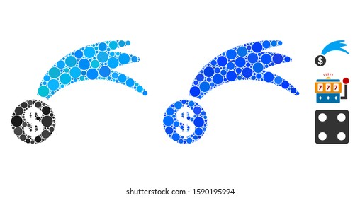 Lucky falling dollar mosaic of circle elements in various sizes and shades, based on lucky falling dollar icon. Vector circle elements are composed into blue mosaic.