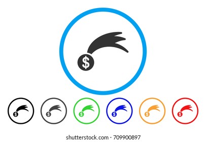 Lucky Falling Dollar rounded icon. Vector illustration style is a gray flat iconic lucky falling dollar symbol inside a circle. Additional color variants are black, gray, green, blue, red, orange.