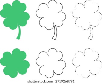 Lucky Four Leaf Clover Bundle Outline Dotted Dashed Coloring Page Set
