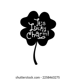 Lucky Four Leaf Clover Charm. Black and White Synbol. Vector clip art for your St Patricks Day project.