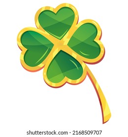 Lucky four leaf clover in gold. Vector illustration of golden clover isolated on white background.