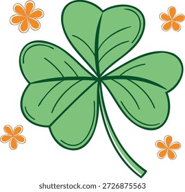 Lucky Four Leaf Clover Icon with Orange Floral Accents St Patrick’s Day Vector Illustration