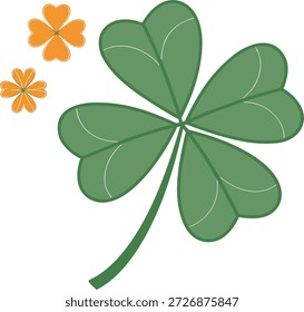 Lucky Four Leaf Clover Icon con acentos florales naranjas Ilustración vectorial del día de San Patricio