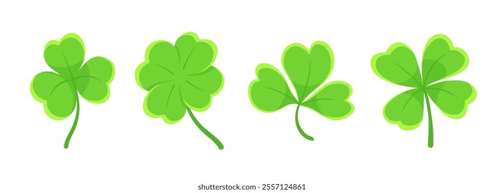 Lucky four, three clover shamrock leaf icon flat style vector illustration set. Irish celtic St Patrick Day logo shamrock clover leaf symbol collection. Luck and happiness floral Irish ornament.