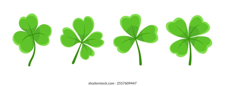 Lucky four, three clover shamrock leaf icon flat style vector illustration set. Irish Celtic St Patrick's Day logo shamrock clover leaf symbol collection. Luck and happiness floral Irish ornament.