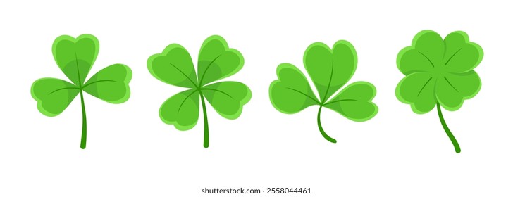 Lucky four, three clover shamrock leaf icon flat style vector illustration set. Irish celtic St Patrick's Day logo shamrock clover leaf symbol collection. Luck and happiness floral Irish ornament.