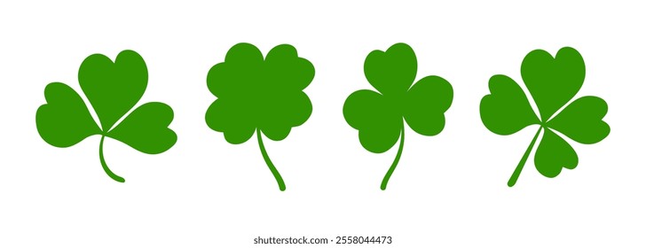 Lucky four, three clover shamrock leaf icon flat style silhouette vector illustration set. Irish celtic St Patrick's Day logo shamrock clover leaf symbol collection. Luck and happiness Irish ornament.