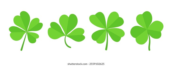 Lucky four, three clover shamrock leaf icon flat style vector illustration set. Irish Celtic St Patrick Day logo shamrock clover leaf symbol collection. Luck and happiness floral Irish ornament.