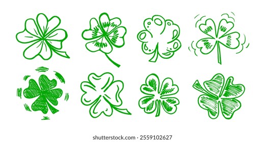 Sorte quatro, três trevo ícone de folha de trevo desenhado à mão vetor ilustração conjunto. O celta irlandês St Patrick Day logo trevo trevo trevo folha símbolo coleção. Sorte e felicidade floral ornamento irlandês.