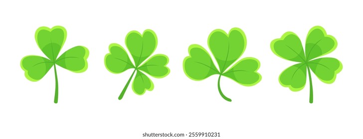 Lucky four, three clover shamrock leaf icon flat style vector illustration set. Irish celtic St Patrick Day logo shamrock clover leaf symbol collection. Luck and happiness floral Irish ornament.