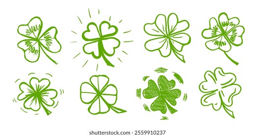 Lucky vier, drei Klee Shamrock Blatt Symbol handgezeichnet Stil Vektorgrafik-Set. Irische keltische St Patrick Day Logo Shamrock Klee Blatt Symbol Sammlung. Glück und Glück florale irische Ornament.