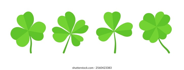 Lucky four, three clover shamrock leaf icon flat style vector illustration set. Irish Celtic St Patrick Day logo shamrock clover leaf symbol collection. Luck and happiness floral Irish ornament.