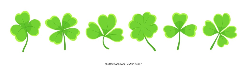 Lucky four, three clover shamrock leaf icon flat style vector illustration set. Irish celtic St Patrick Day logo shamrock clover leaf symbol collection. Luck and happiness floral Irish ornament.