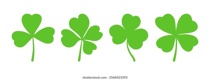 Lucky four, three clover shamrock leaf icon flat style silhouette vector illustration set. Irish celtic St Patrick Day logo shamrock clover leaf symbol collection. Luck and happiness Irish ornament.