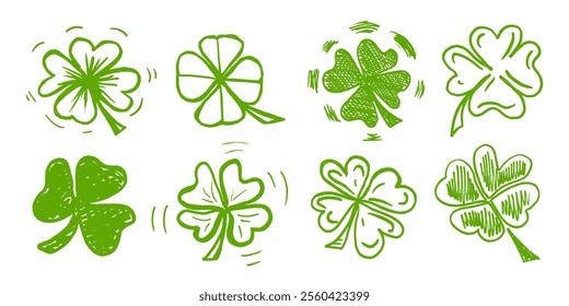 Lucky vier, drei Klee Shamrock Blatt Symbol handgezeichnet Stil Vektorgrafik-Set. Irische keltische St Patrick Day Logo Shamrock Klee Blatt Symbol Sammlung. Glück und Glück florale irische Ornament.