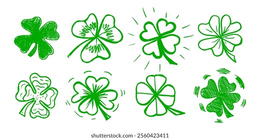 Lucky four, three clover shamrock leaf icon hand drawn style vector illustration set. Irish celtic St Patrick Day logo shamrock clover leaf symbol collection. Luck and happiness floral Irish ornament.