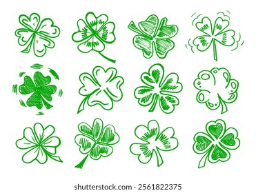 Sorte quatro, três trevo ícone de folha de trevo desenhado à mão vetor ilustração conjunto. O celta irlandês St Patrick Day logo trevo trevo trevo folha símbolo coleção. Sorte e felicidade floral ornamento irlandês.