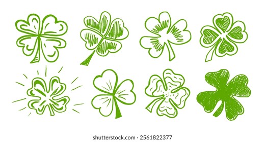 Lucky vier, drei Klee Shamrock Blatt Symbol handgezeichnet Stil Vektorgrafik-Set. Irische keltische St Patrick Day Logo Shamrock Klee Blatt Symbol Sammlung. Glück und Glück florale irische Ornament.