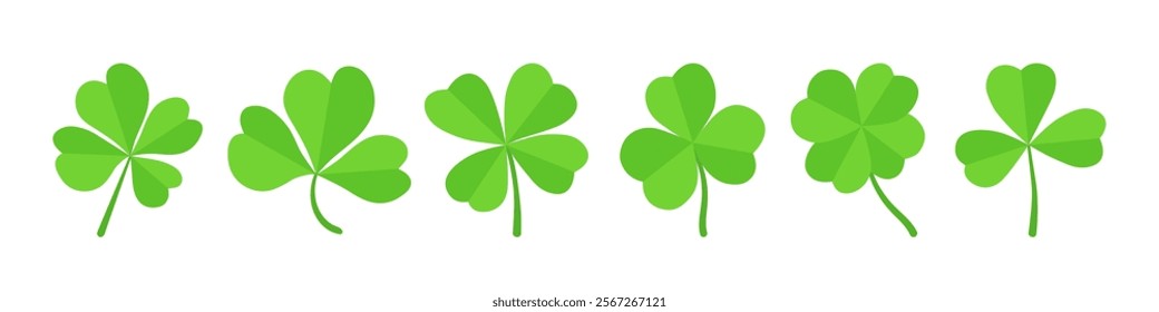 Lucky four, three clover shamrock leaf icon flat style vector illustration set. Irish Celtic St Patrick Day logo shamrock clover leaf symbol collection. Luck and happiness floral Irish ornament.