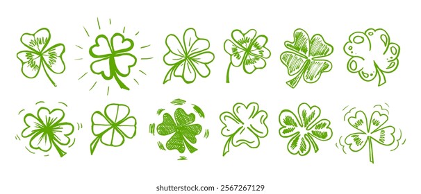 Afortunado cuatro, tres trébol shamrock icono de la hoja dibujado a mano estilo conjunto de Ilustración vectorial. Logotipo celta irlandés del Día de San Patricio colección de símbolo de hoja de trébol de trébol de trébol. Ornamento irlandés floral de la suerte y de la felicidad.