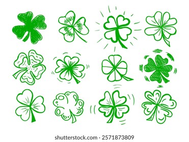 Lucky four, three clover shamrock leaf icon hand drawn style vector illustration set. Irish celtic St Patrick Day logo shamrock clover leaf symbol collection. Luck and happiness floral Irish ornament.