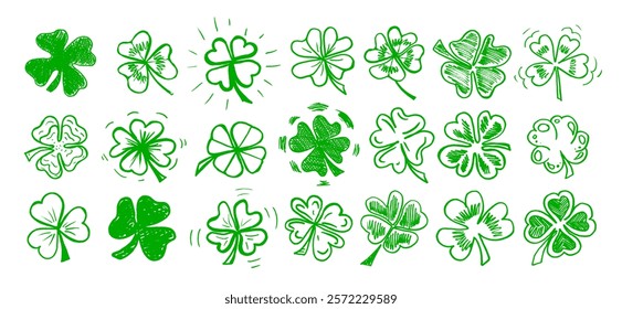 Lucky four, three clover shamrock leaf icon hand drawn style vector illustration set. Irish celtic St Patrick Day logo shamrock clover leaf symbol collection. Luck and happiness floral Irish ornament.