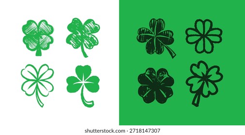 Afortunado trébol de cuatro hojas y árbol en estilo grunge dibujado a mano para la fiesta tradicional irlandesa el Día de San Patricio para un patrón sin fisuras y decoración para una fiesta