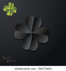 Lucky four-leaf  clover leaf on dark background. Black and green colors. Vector illustration